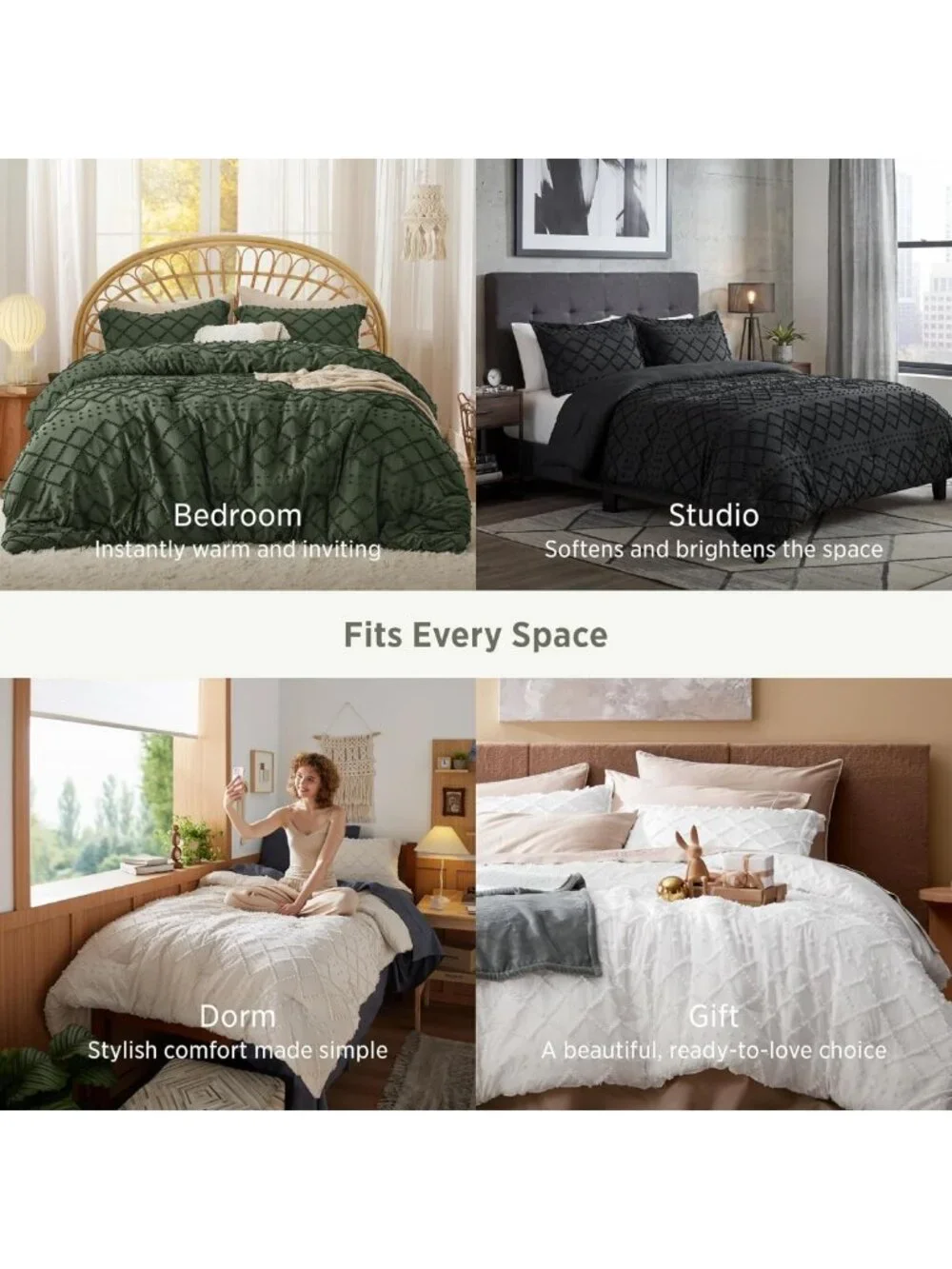 Cozy White Boho Tufted Queen Comforter Set - 3 Piece Farmhouse Bedding, Soft